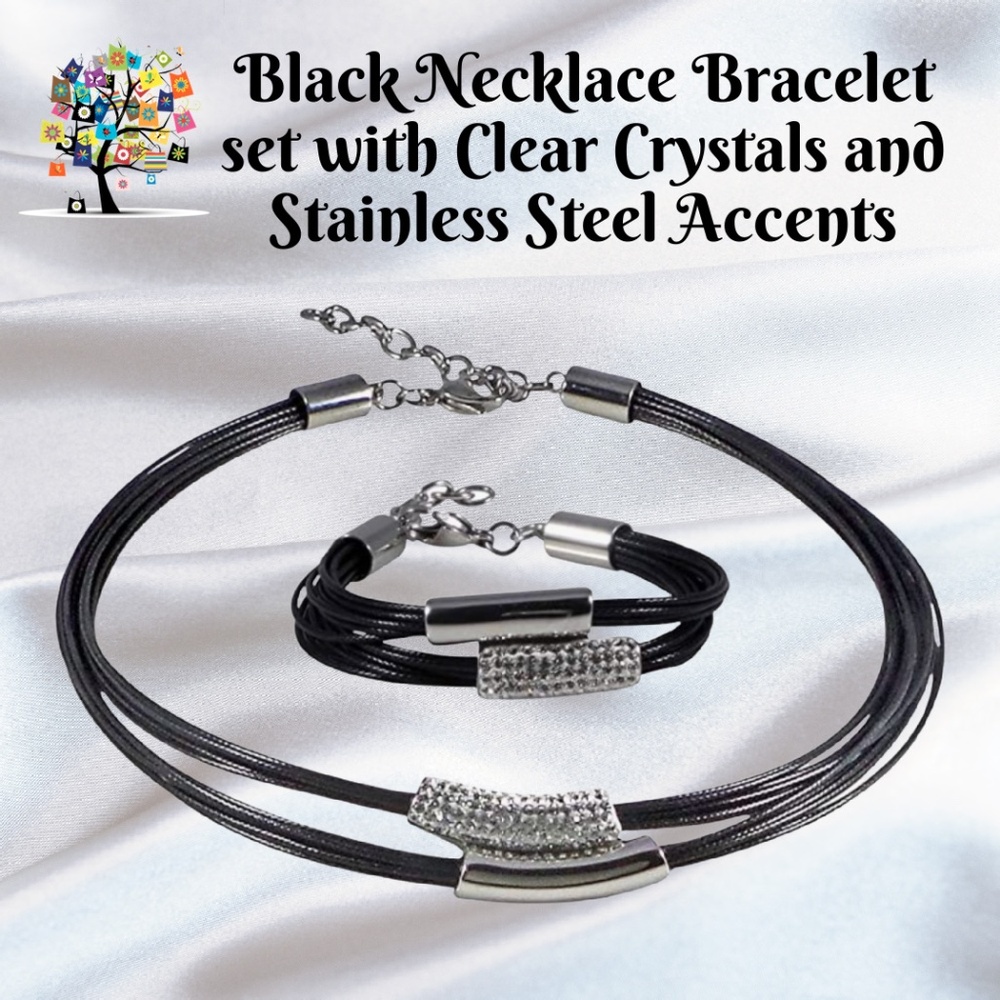 Stainless Steel Bracelet and Necklace Black Cord Clear Crystals